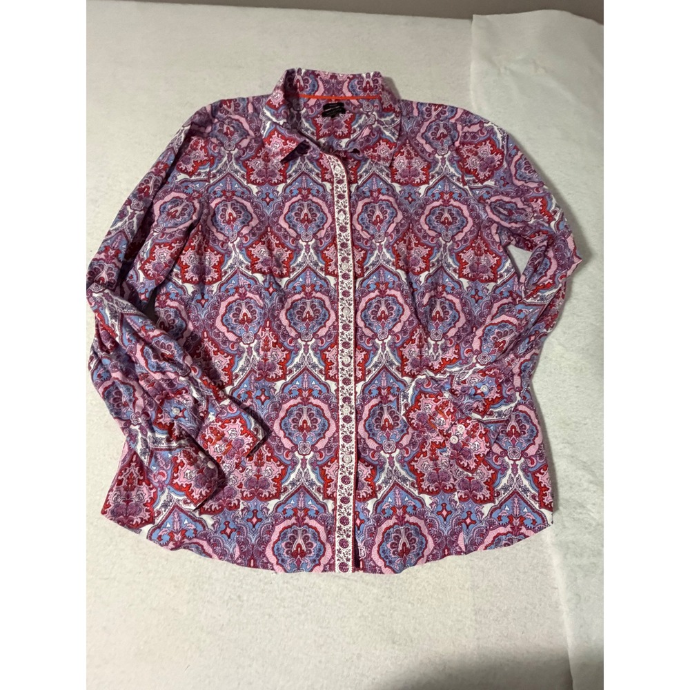 Talbots Womens 16 Pink Purple Paisley Medallion Non-Iron Button Down Shirt